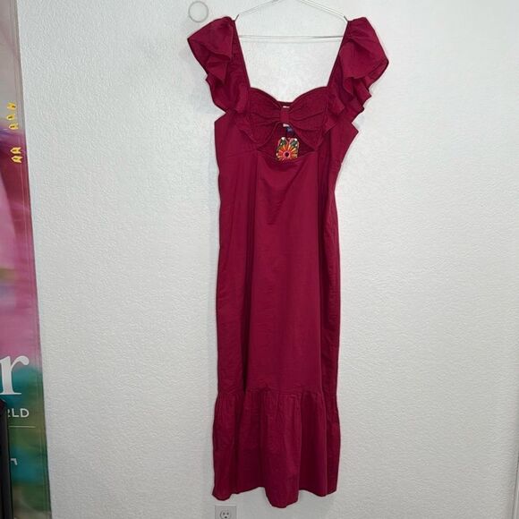 NWT Farm Rio x Anthropologie Ruffle Midi Dress Raspberry XL - Picture 2 of 15